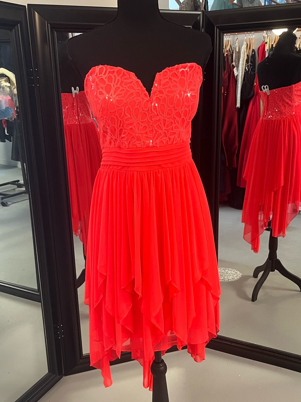 My Michelle Neon Coral Strapless Sequin Bodice Party Dress